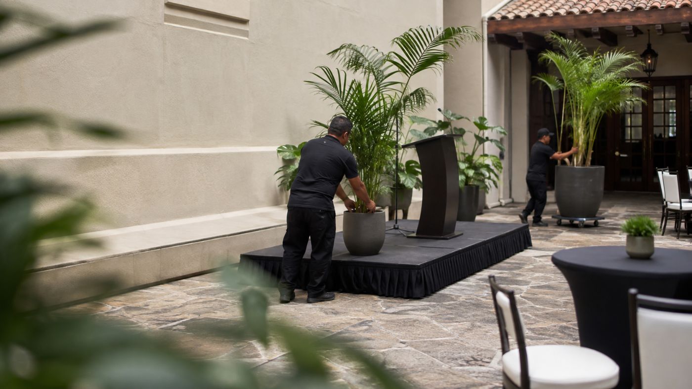Nuestro equipo instalando palmas en el escenario de un evento